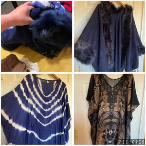BUNDLE of 3! 2 Kaftans & Faux Fur Wrap All One Size Boho Hippie Core Tie-Dye
